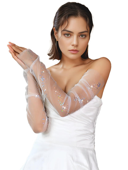 Long Pearl Wedding Gloves Tulle Bridal Gloves Sheer Long Bridal Sleeves Opera Prom Party Costumes for Women