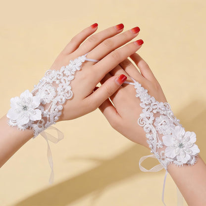 Fingerless Lace Gloves for Women - 1 Pair White Pearl Floral Bridal Wedding Cosplay Prom Party Accessories, One Size