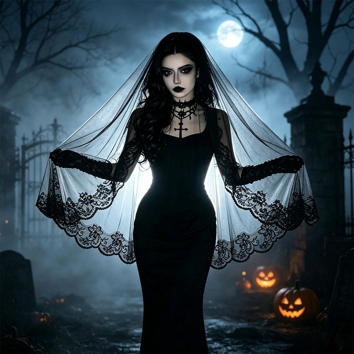 Black Lace Veil, Vintage Gothic Bridal Veil for Halloween, Wedding, Party, Cosplay Costume