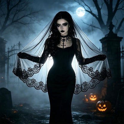 Black Lace Veil, Vintage Gothic Bridal Veil for Halloween, Wedding, Party, Cosplay Costume