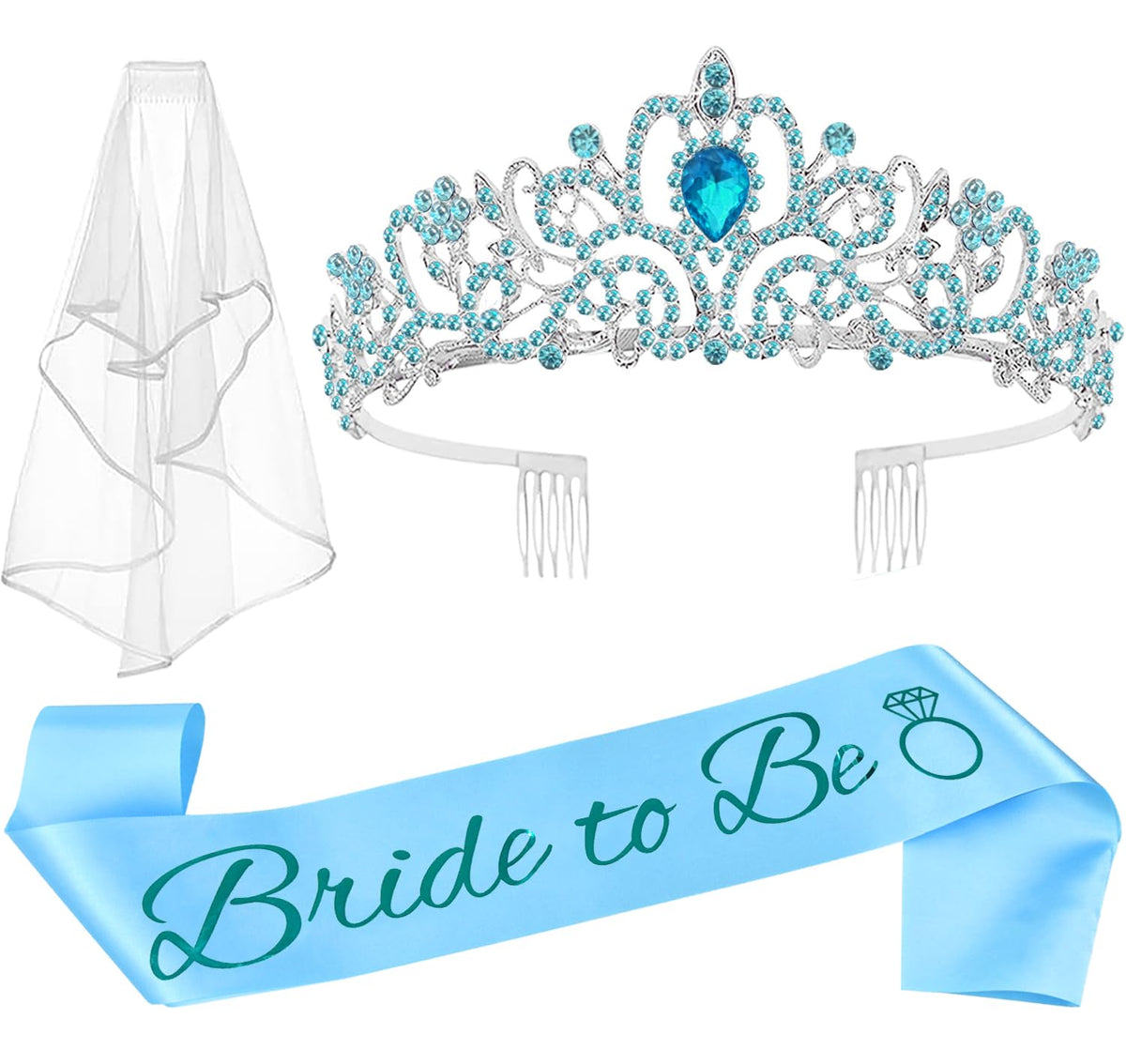 JETKONG 3 Pcs Bachelorette Party Decorations Bridal Shower Crown, Bride to Be Sash&Veil for Women Bachelorette Party Gifts, Bachelorette Party Supplies, Gifts, Favors (Silver)