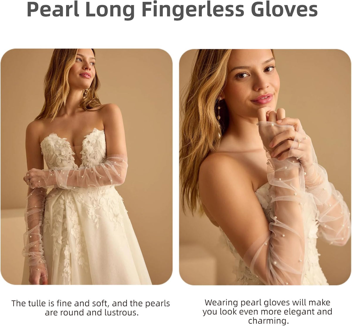 Long Tulle Pearl Wedding Gloves Elbow Length Summer Fingerless Glove
