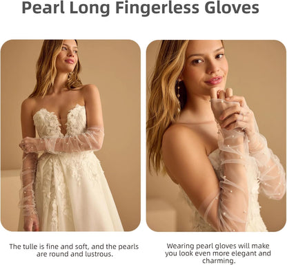 Long Tulle Pearl Wedding Gloves Elbow Length Summer Fingerless Glove