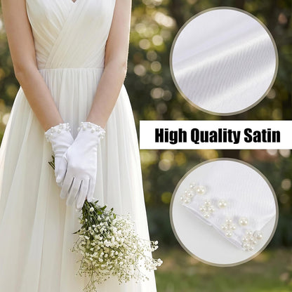 Elegant Satin Gloves Tea Party Gloves Wrist Pearl Dress Glove Women's Pearl Wedding Bridal Glove, Short White Glovess for Women