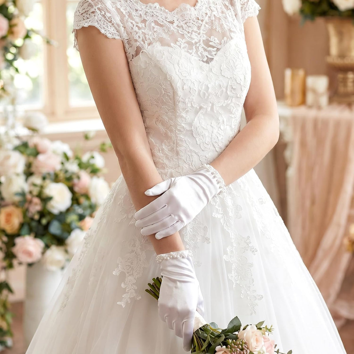 AHQiZFX White Satin Gloves for Women, Wedding Pearl Gloves for Bridal 1920s Glove for Wedding Dance Dress Opera Dinner Tea Party