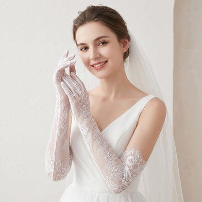 Lace Gloves Women, Floral Elbow Mesh Tulle Sheer Wedding Gloves