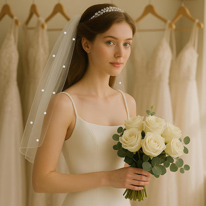 Pearl Bride Veil with Comb, Short Tulle Veil for Wedding