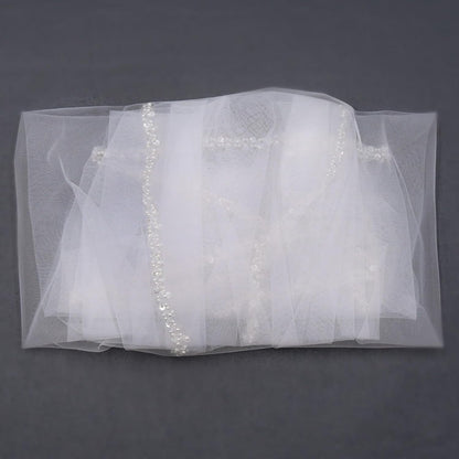 1 Tier Wedding Veil Fingertip Length with Pearls Beaded Edge