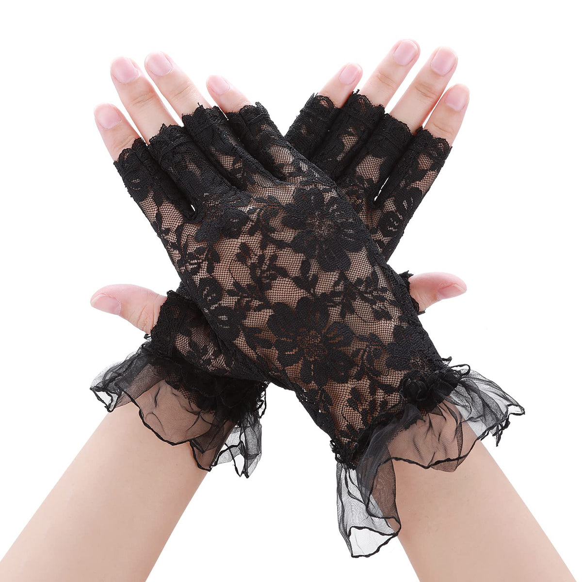 Yolev Lace Fingerless Gloves - Short Bridal Lace Floral Gloves for Wedding Dinner Parties