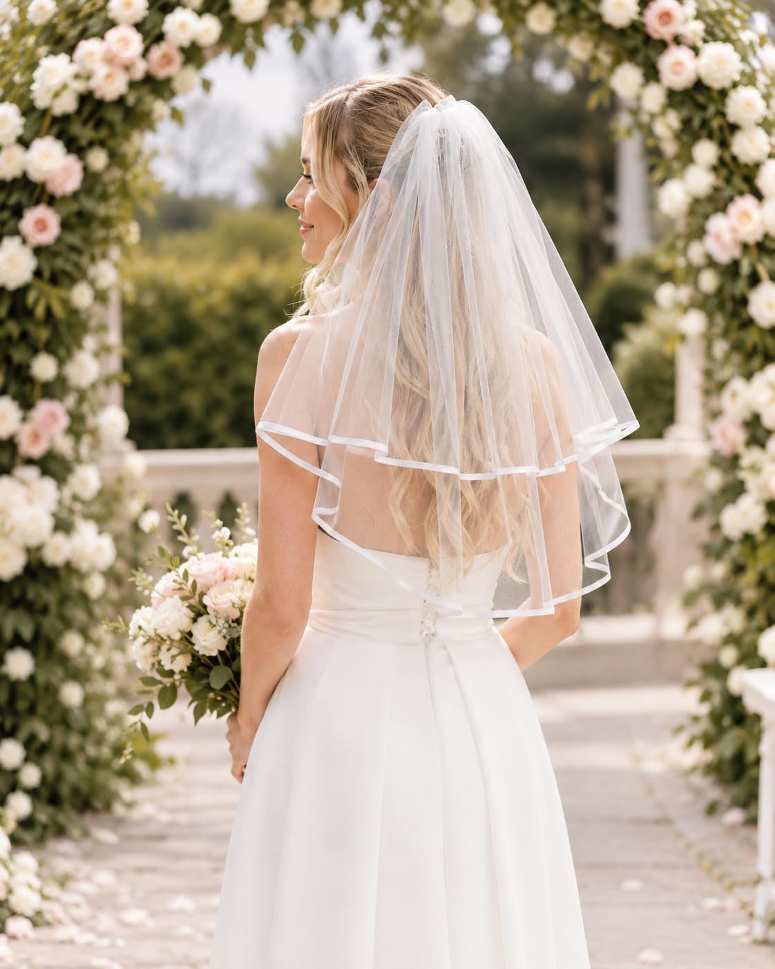 White Bridal Veil Short 2 Tier Veil with white binding
