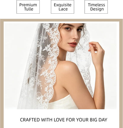 Mantilla Wedding Veil with Lace Edge Fingertip & Waltz Length