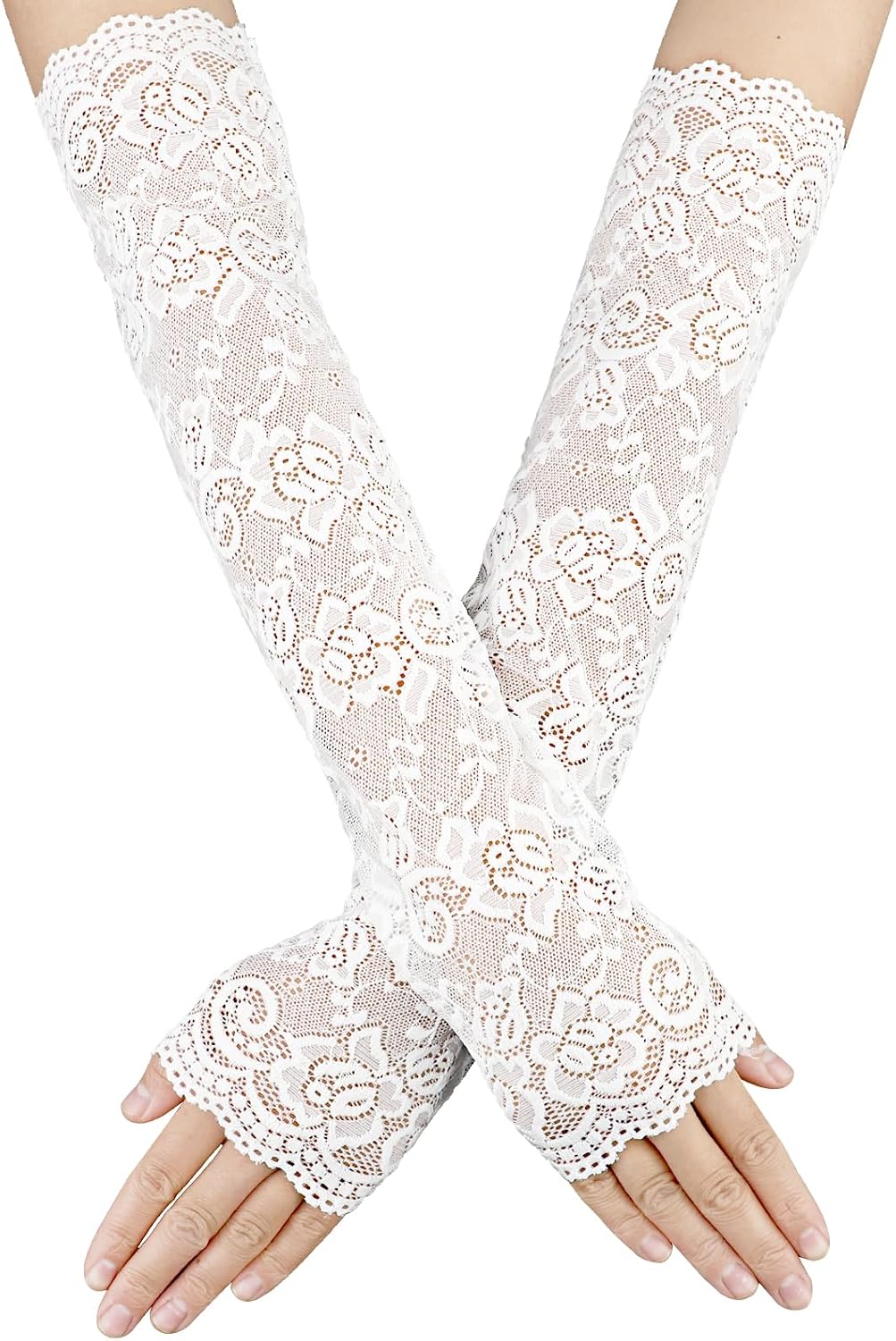 Women's Floral Lace Fingerless Gloves - Elbow Length Arm Sleeves for Tea Party
