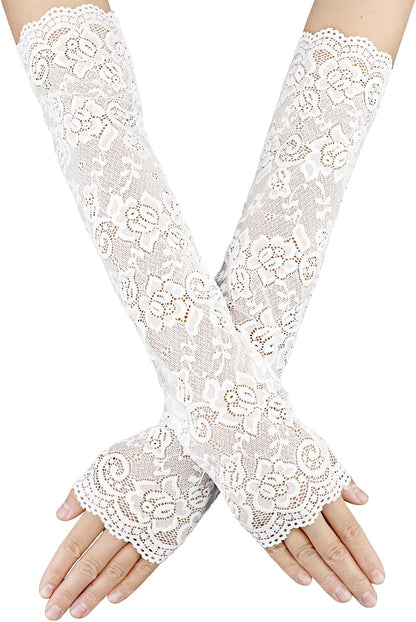 Women's Floral Lace Fingerless Gloves - Elbow Length Arm Sleeves for Tea Party