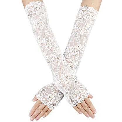 Women's Floral Lace Fingerless Gloves - Elbow Length Arm Sleeves for Tea Party