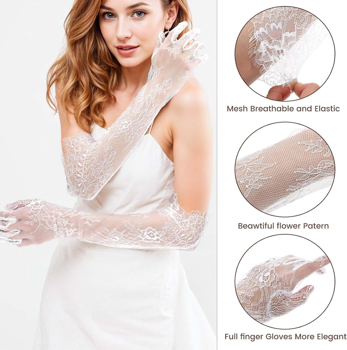 Yolev Lace Gloves Women Elegant Floral Mesh Tulle Sheer Long Tea Party 1920s Elbow Length Bridal Wedding Gloves For Wedding Engagement Cocktail Cosplay Masquerade (White)