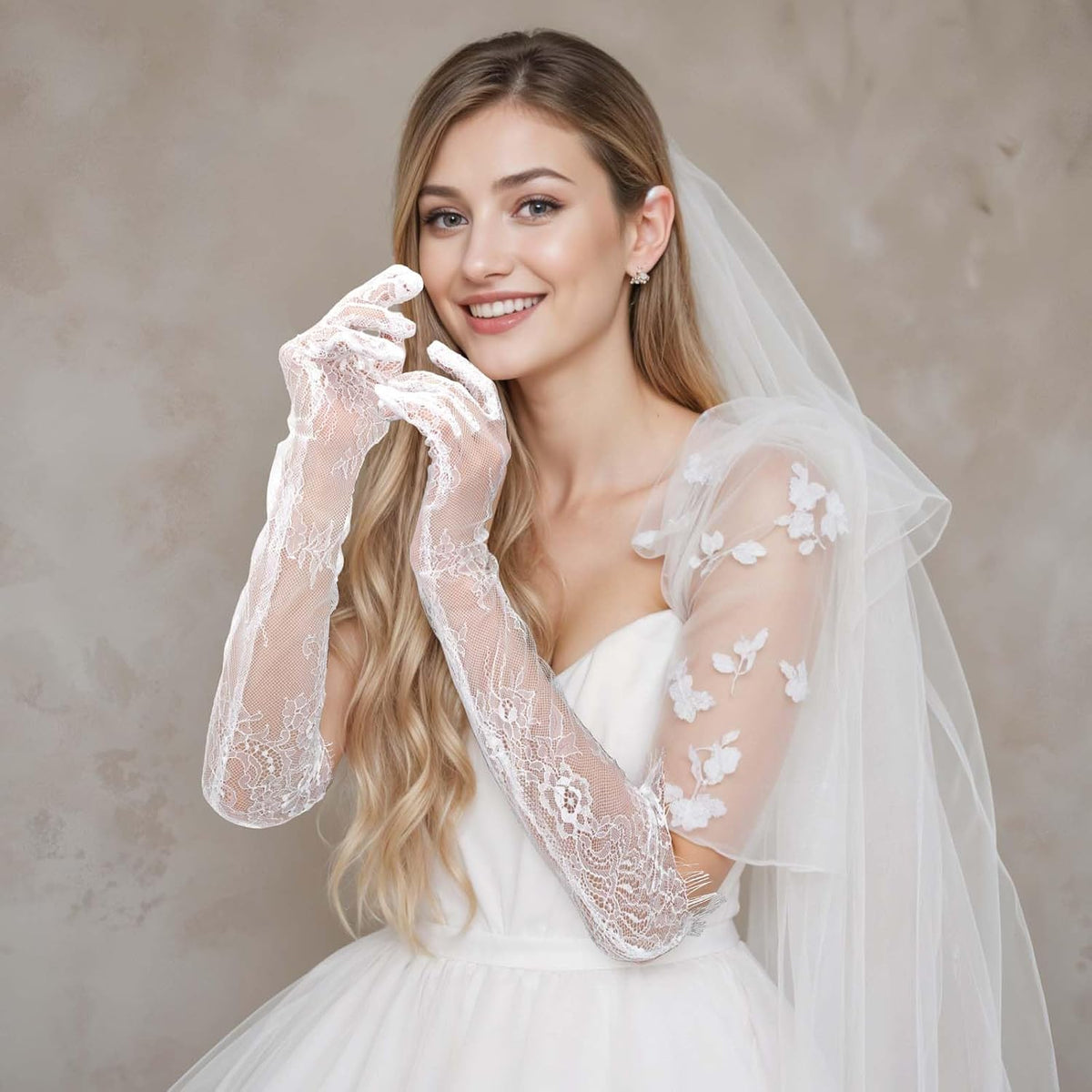 Yolev Lace Gloves Women Elegant Floral Mesh Tulle Sheer Long Tea Party 1920s Elbow Length Bridal Wedding Gloves For Wedding Engagement Cocktail Cosplay Masquerade (White)