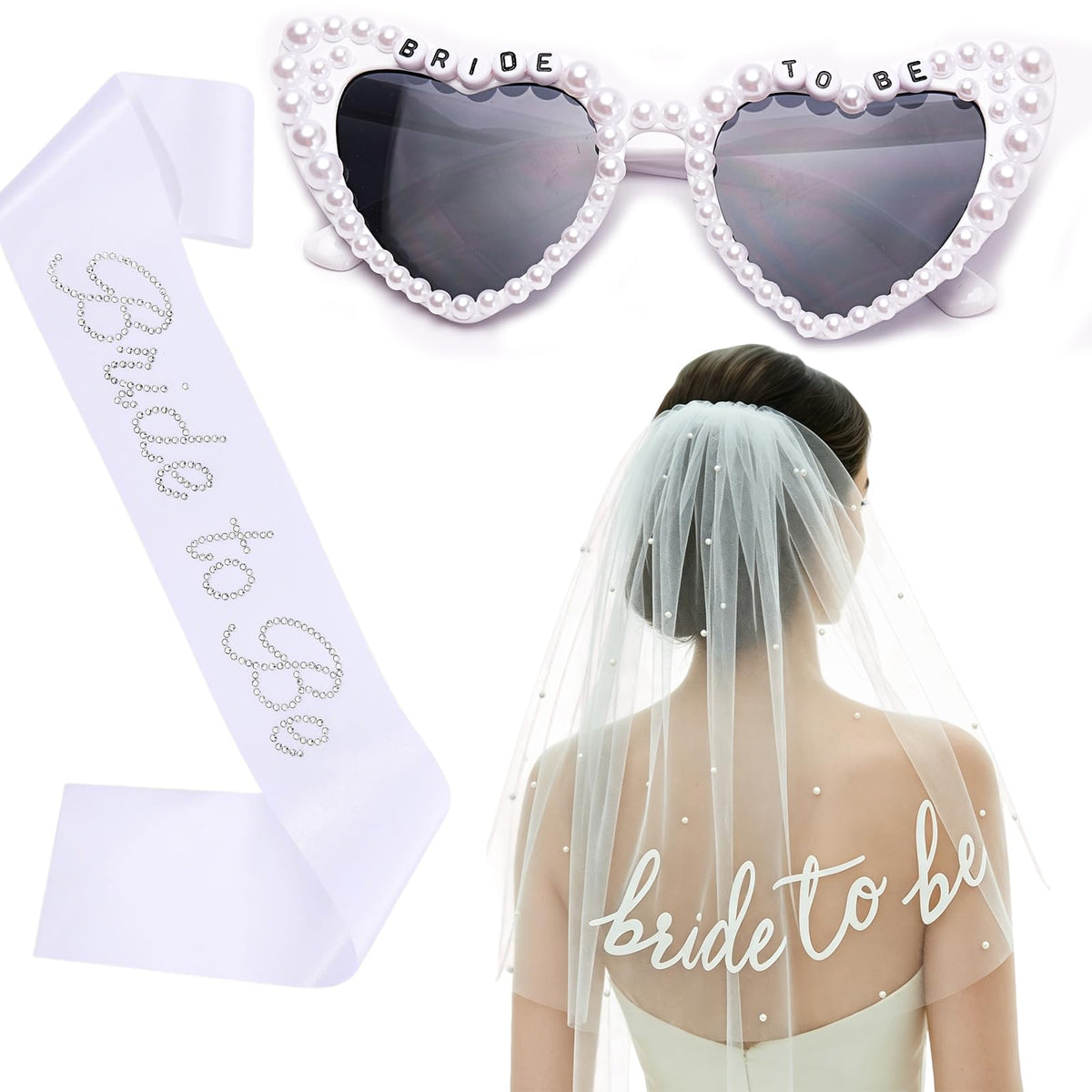 Bachelorette Party Accessories for Bride to Be - Veil Sash Heart Sunglasses