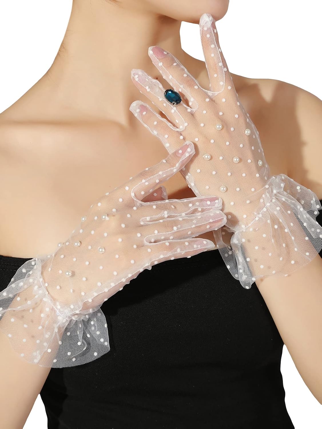 OYOANGLE Women's Lace Gloves Pearls Bridal Sheer Mesh Tea Party Short Glove