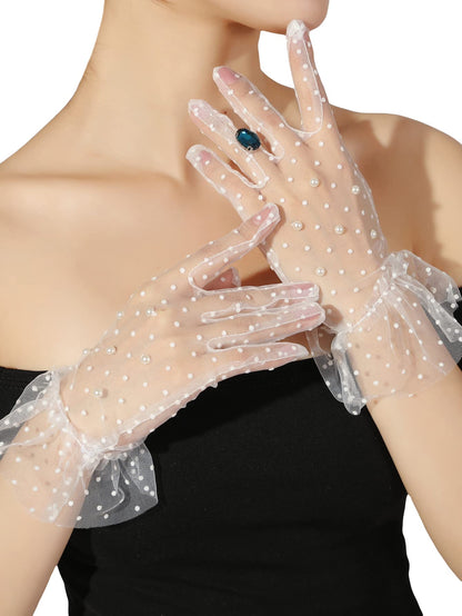 OYOANGLE Women's Lace Gloves Pearls Bridal Sheer Mesh Tea Party Short Glove