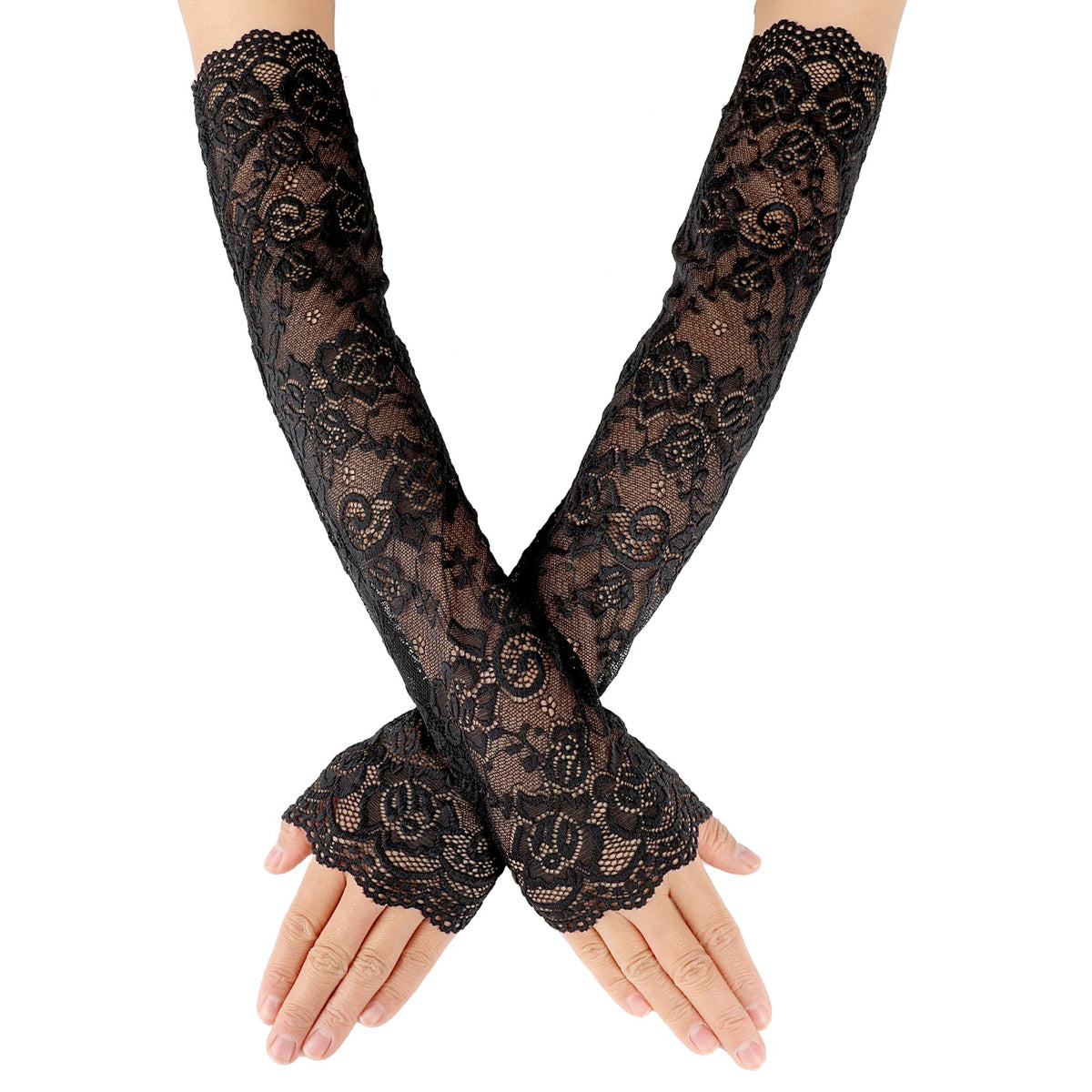 Women's Floral Lace Fingerless Gloves - Elbow Length Arm Sleeves for Tea Party