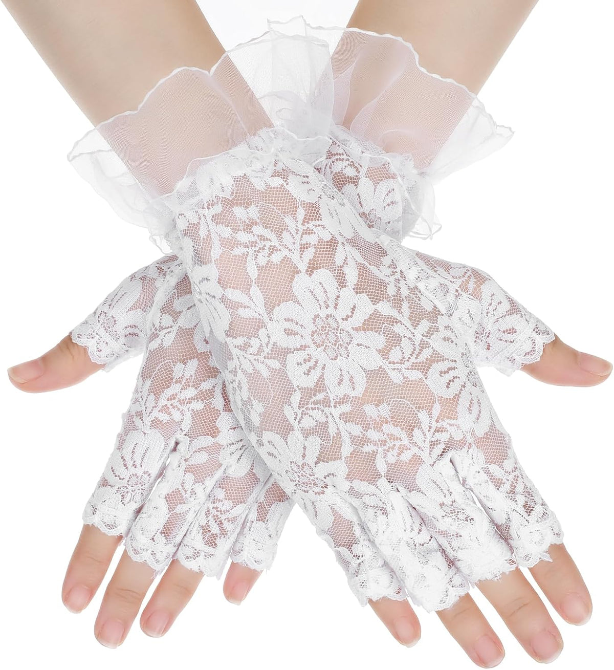 Xinjoduz 1 Pair White Lace Gloves, Womens Short Floral Fingerless Gloves for Women