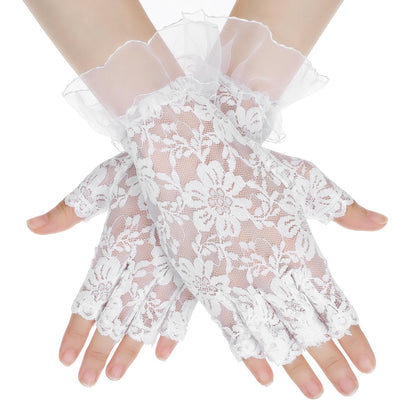 Xinjoduz 1 Pair White Lace Gloves, Womens Short Floral Fingerless Gloves for Women