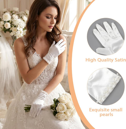AHQiZFX White Satin Gloves for Women, Wedding Pearl Gloves for Bridal 1920s Glove for Wedding Dance Dress Opera Dinner Tea Party