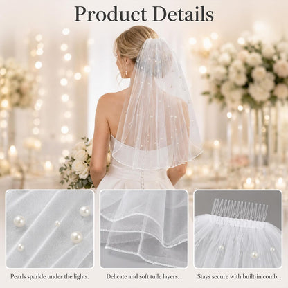 White Short Wedding Veil Pearl Bridal Veil with Comb Short White Bachelorette Veils Tulle Veils for Wedding Bridal Shower Gift Brides Women