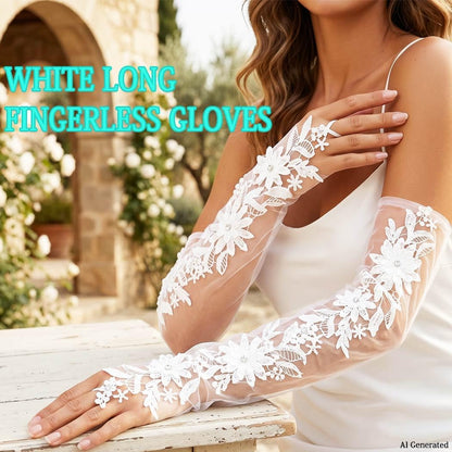 White Long Lace Gloves Fingerless Wedding Gloves for Women