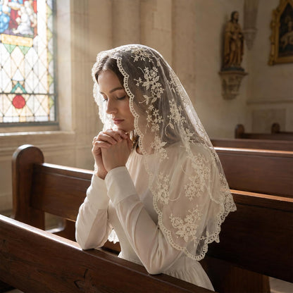 Triangle Veil Mass Mantilla Veils with Lace Edge for Church Wedding