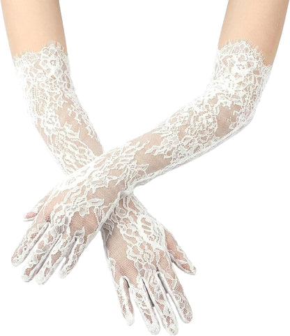 White Lace Floral Elbow Length Gloves for Women Bridal Wedding