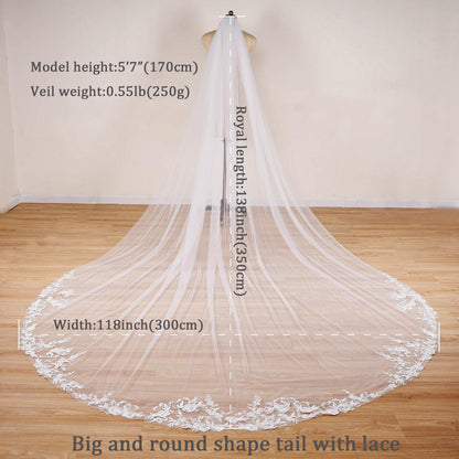 EllieWely Long 1 Tier Lace Wedding Bridal Veil With Metal Comb F10