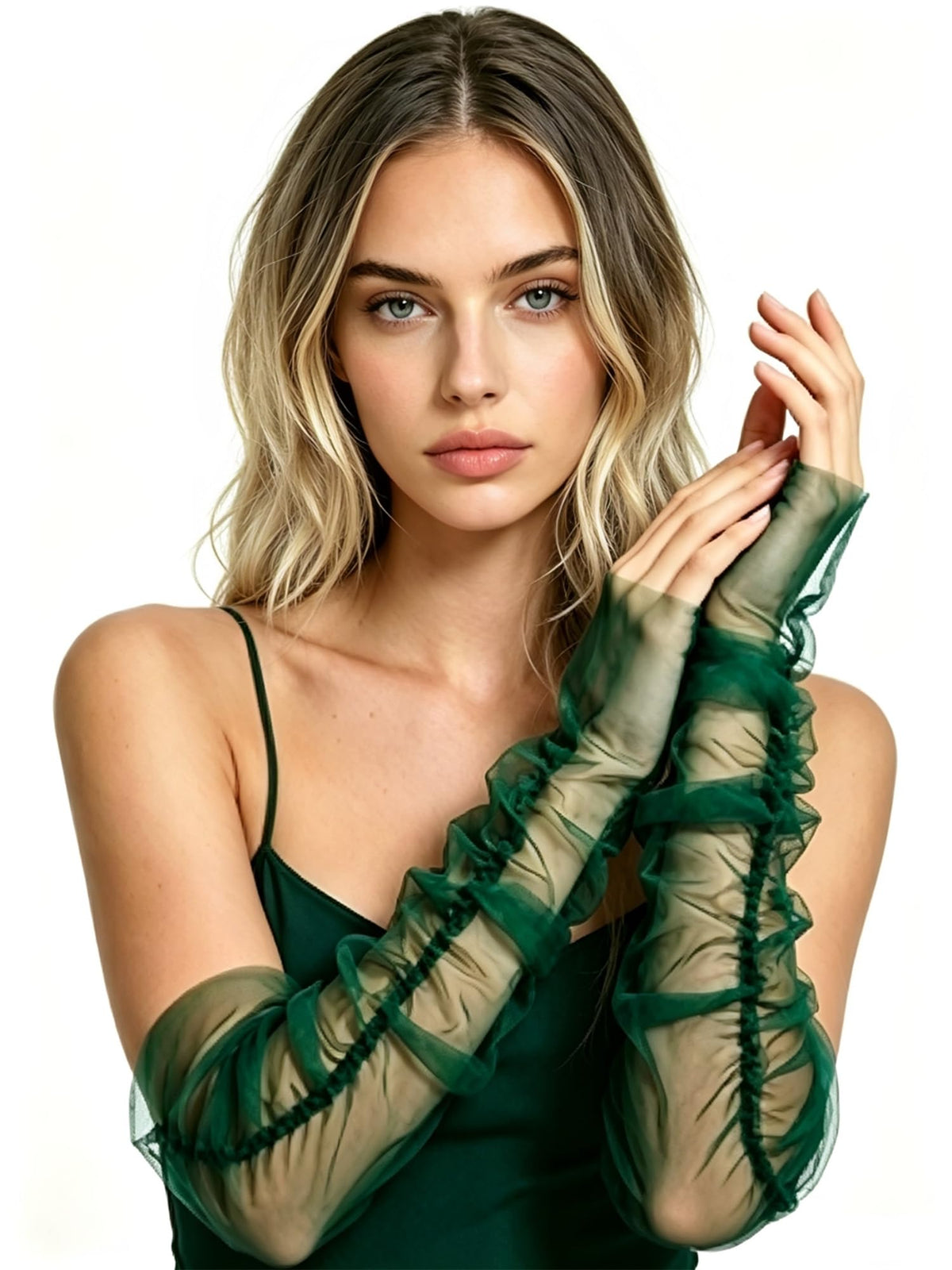 Long Tulle Gloves Ruched Fingerless Gloves Wedding Arm Sleeves for Women