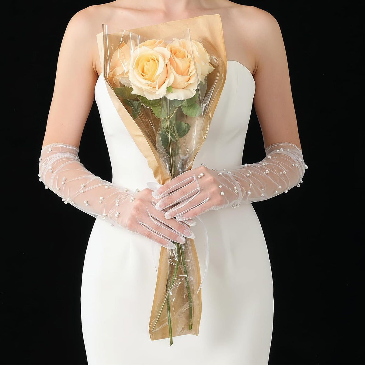 Pearl Long Wedding Gloves Women’s Tulle Bridal Gloves Sheer White Finger Long Bridal Sleeves, Opera Prom Evening Party Costumes for Women