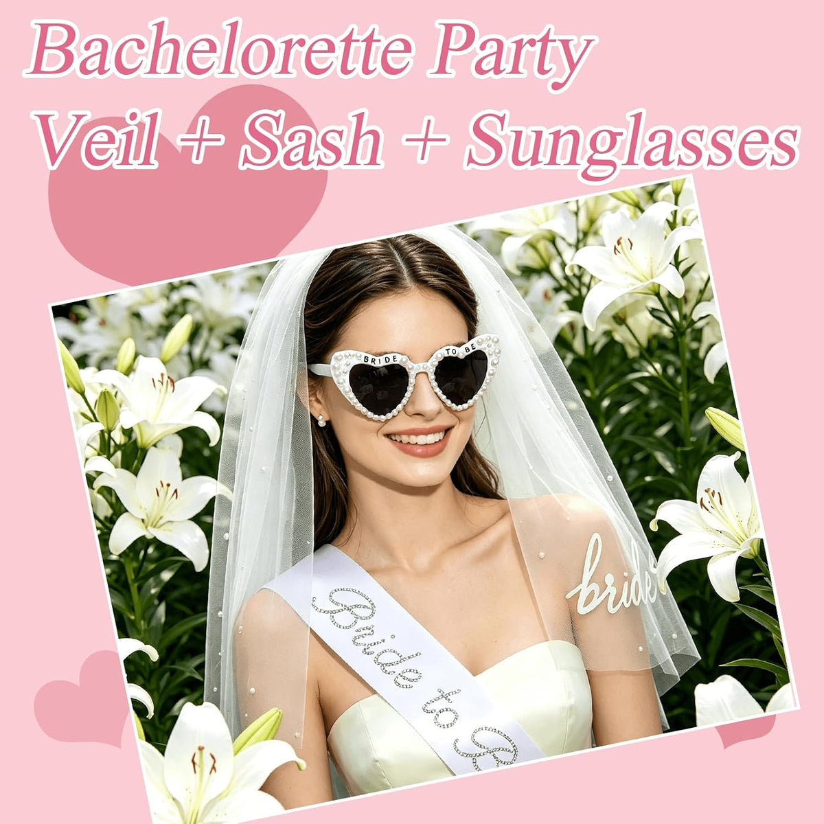 Bachelorette Party Accessories for Bride to Be - Veil Sash Heart Sunglasses