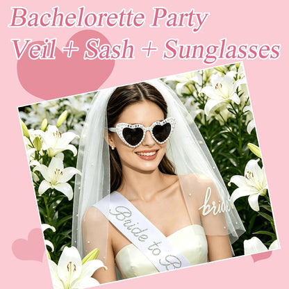 Bachelorette Party Accessories for Bride to Be - Veil Sash Heart Sunglasses