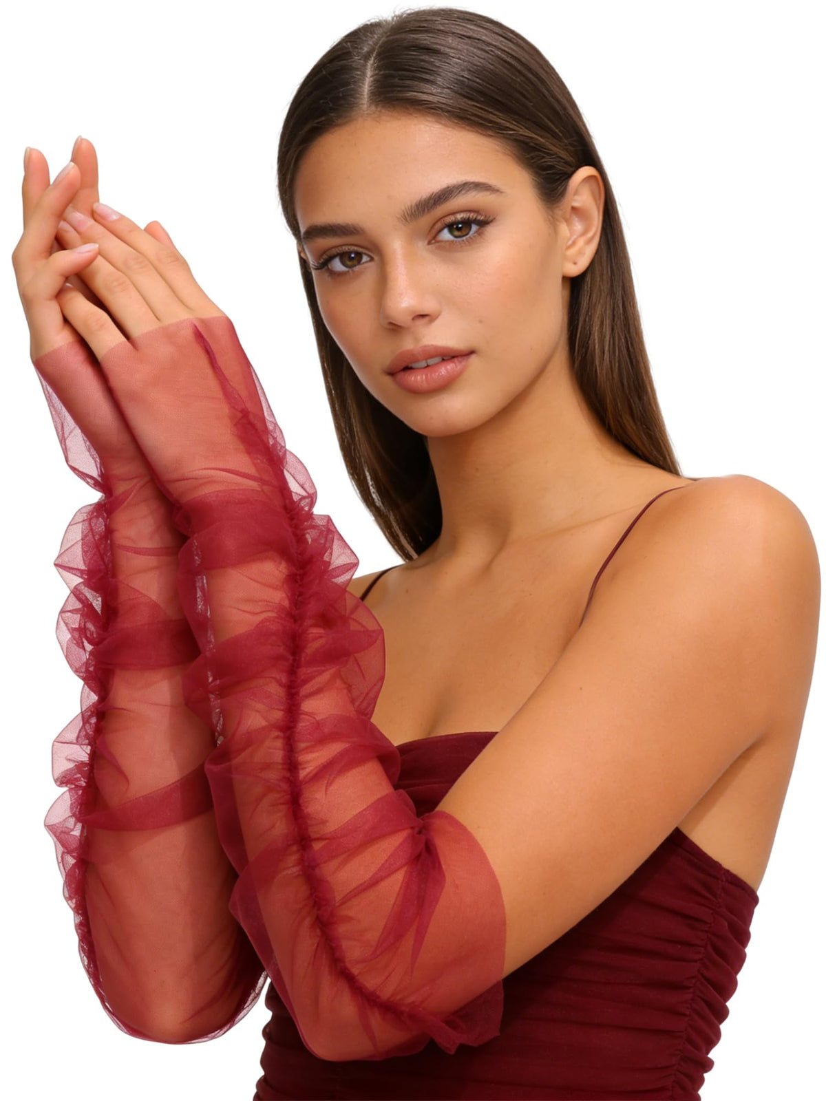 Long Tulle Gloves Ruched Fingerless Gloves Wedding Arm Sleeves for Women