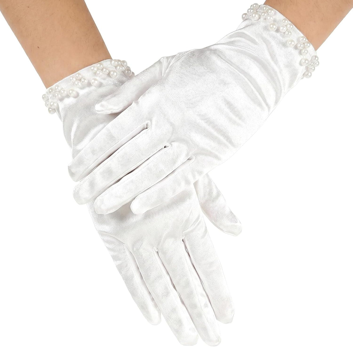 AHQiZFX White Satin Gloves for Women, Wedding Pearl Gloves for Bridal 1920s Glove for Wedding Dance Dress Opera Dinner Tea Party
