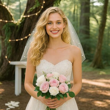 Pearl Bride Veil with Comb, Short Tulle Veil for Wedding