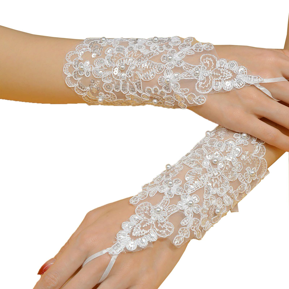 Fingerless Lace Gloves for Women - 1 Pair White Pearl Floral Bridal Wedding Cosplay Prom Party Accessories, One Size