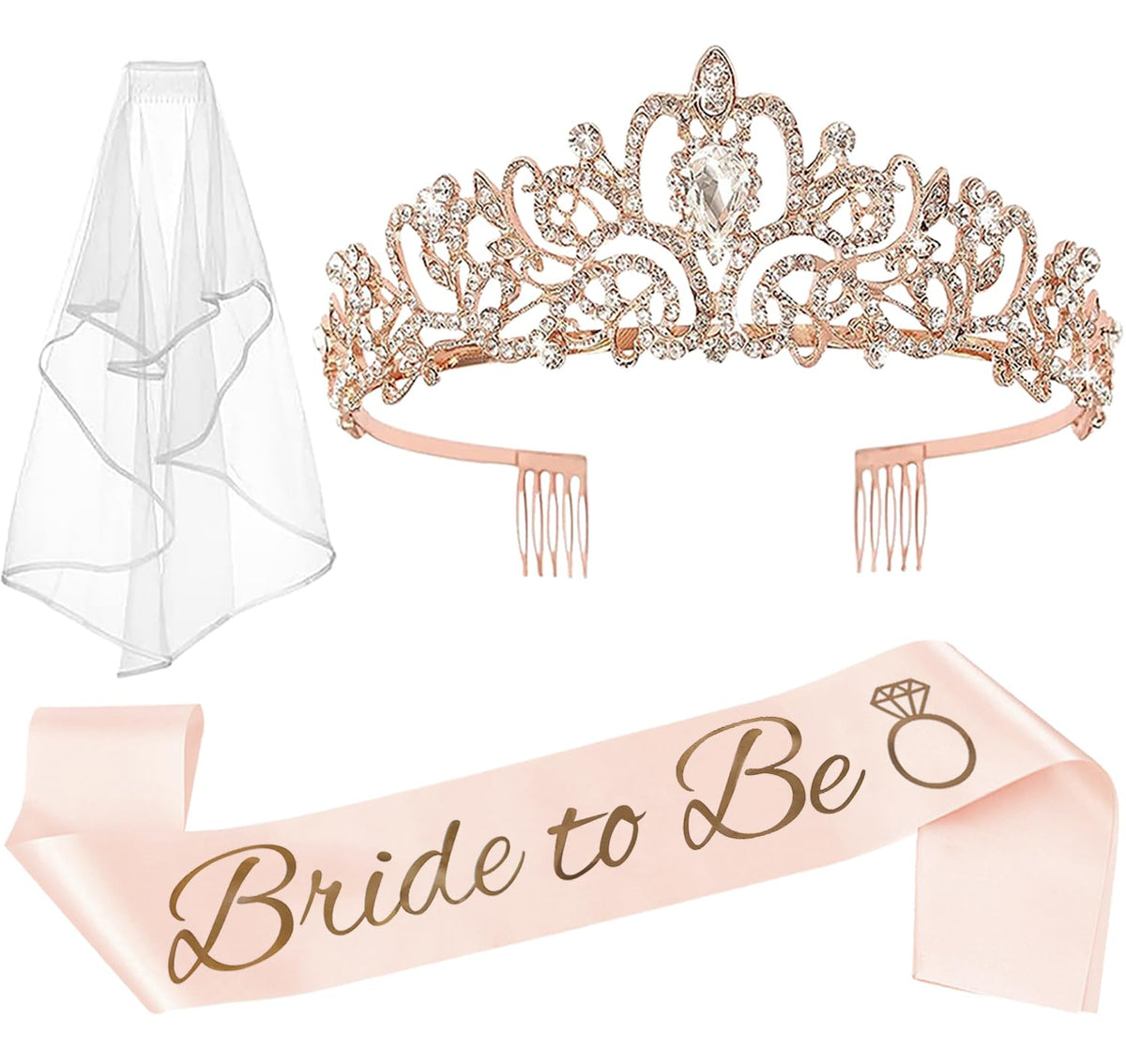 JETKONG 3 Pcs Bachelorette Party Decorations Bridal Shower Crown, Bride to Be Sash&Veil for Women Bachelorette Party Gifts, Bachelorette Party Supplies, Gifts, Favors (Silver)