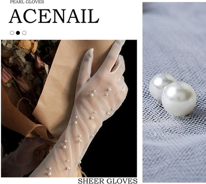 Acenail Pearl Women’s Wedding Gloves Long Tulle White Finger Lace 20s Opera Evening Party Sheer Gloves for Brides