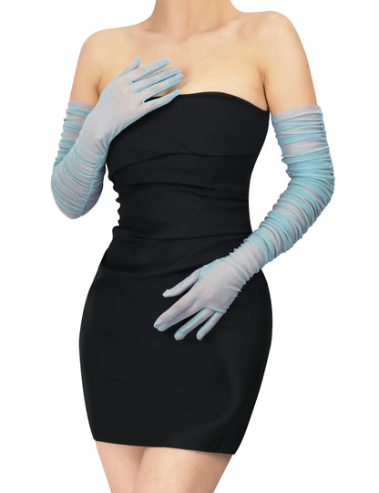 Stretchy Ruched Sheer Mesh Tulle Long Opera Gloves for Women