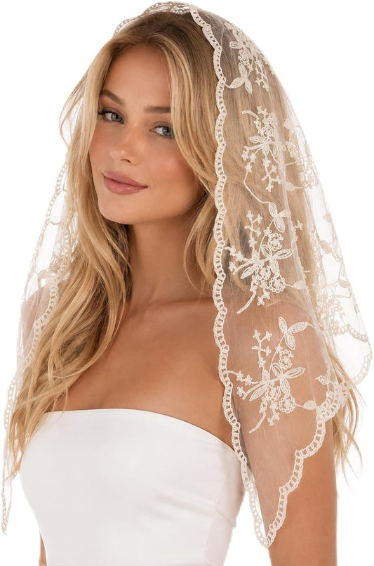 Triangle Veil Mass Mantilla Veils with Lace Edge for Church Wedding