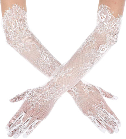Yolev Lace Gloves Women Elegant Floral Mesh Tulle Sheer Long Tea Party 1920s Elbow Length Bridal Wedding Gloves For Wedding Engagement Cocktail Cosplay Masquerade (White)