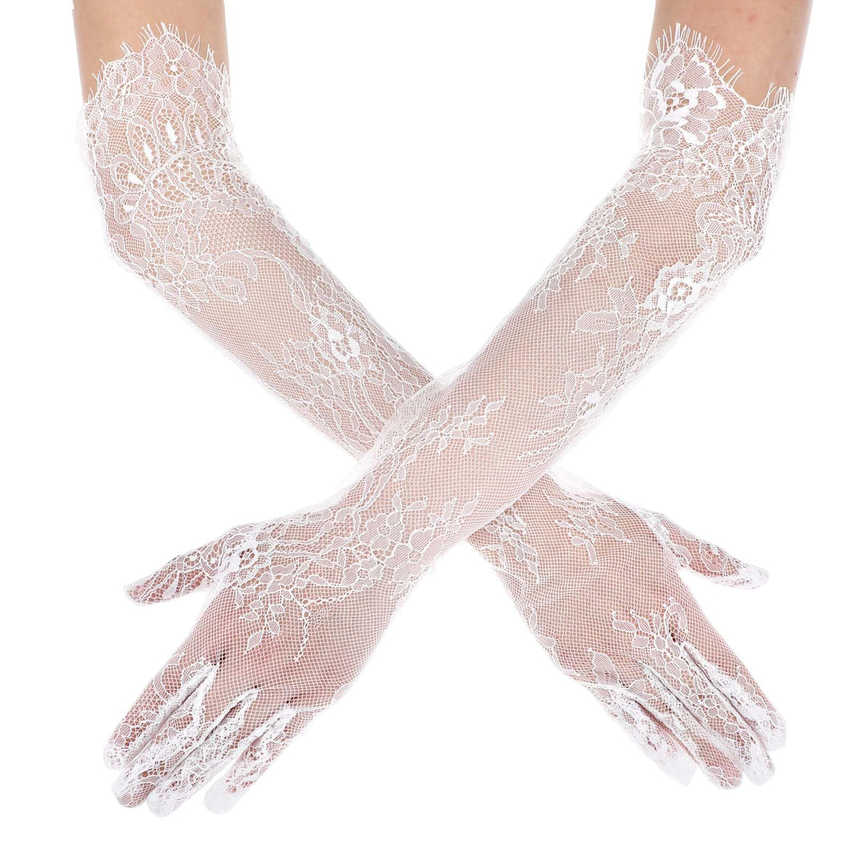 Lace Gloves Women Long Floral Elbow Length Mesh Tulle Sheer Opera Gloves Tea Party Wedding Bridal Party Cosplay