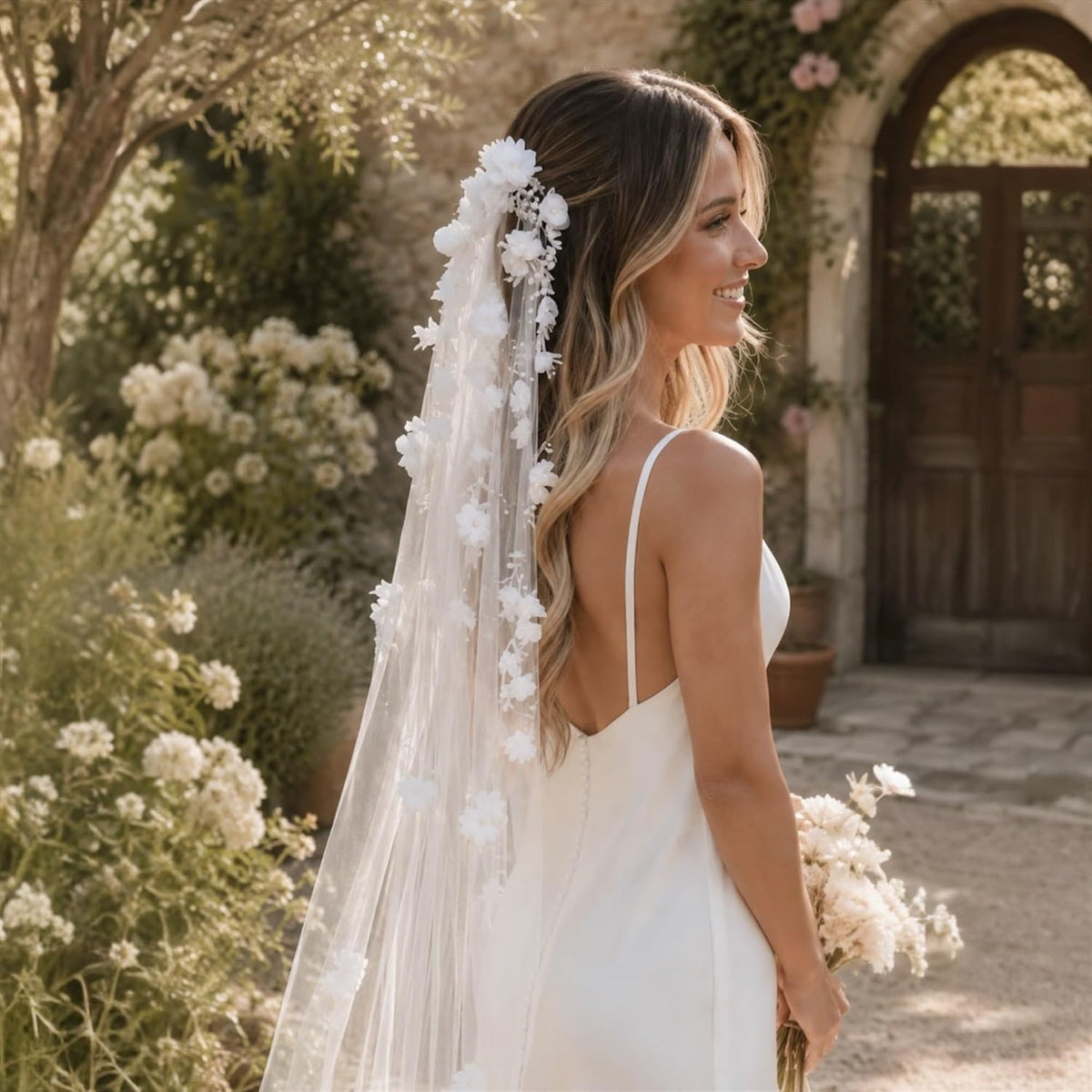 Fingertip Bridal Veil with 3D Flowers and Pearls, Ivory Wedding Veil for Bride, Soft Tulle Floral Veil