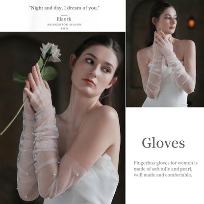 Long Tulle Pearl Wedding Gloves Elbow Length Summer Fingerless Glove