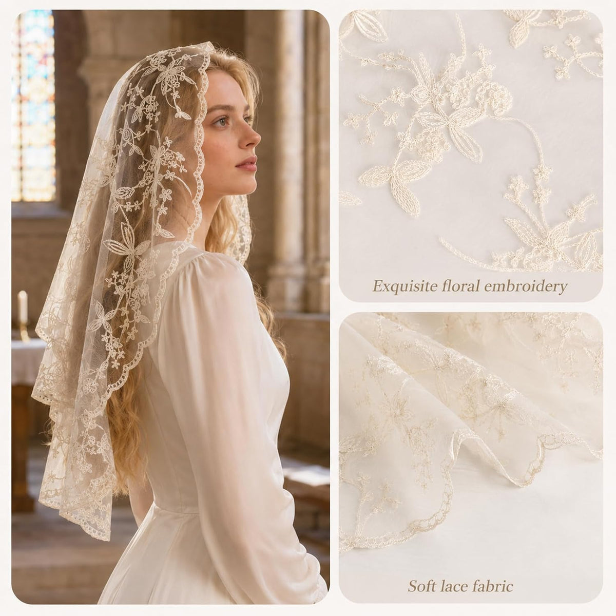 Triangle Veil Mass Mantilla Veils with Lace Edge for Church Wedding