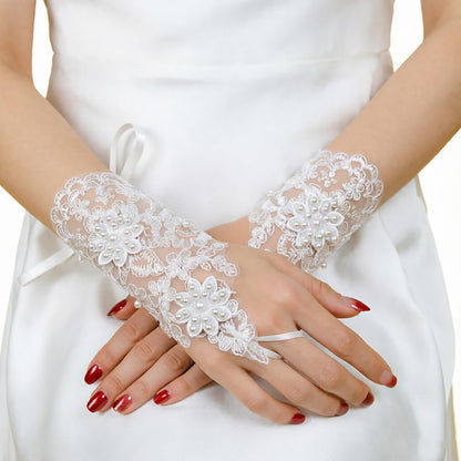 Fingerless Lace Gloves for Women - 1 Pair White Pearl Floral Bridal Wedding Cosplay Prom Party Accessories, One Size